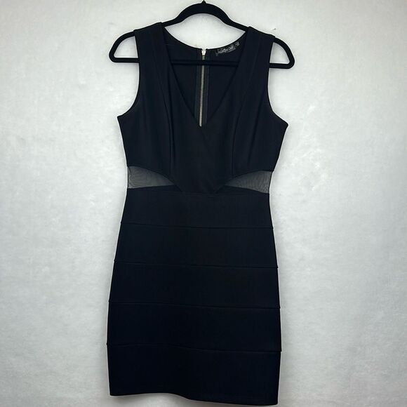 Little Black  Bodycon Dress with Mesh inserts on the waist Sz 9 V-Neckline - Picture 1 of 7